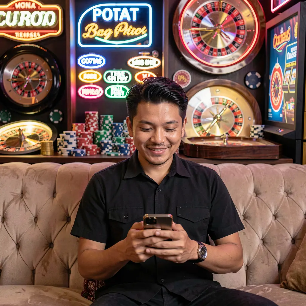 Focused Malaysian player using the PUSAKA567 mobile casino app with glowing roulette wheels and chips creating a high energy gaming mood