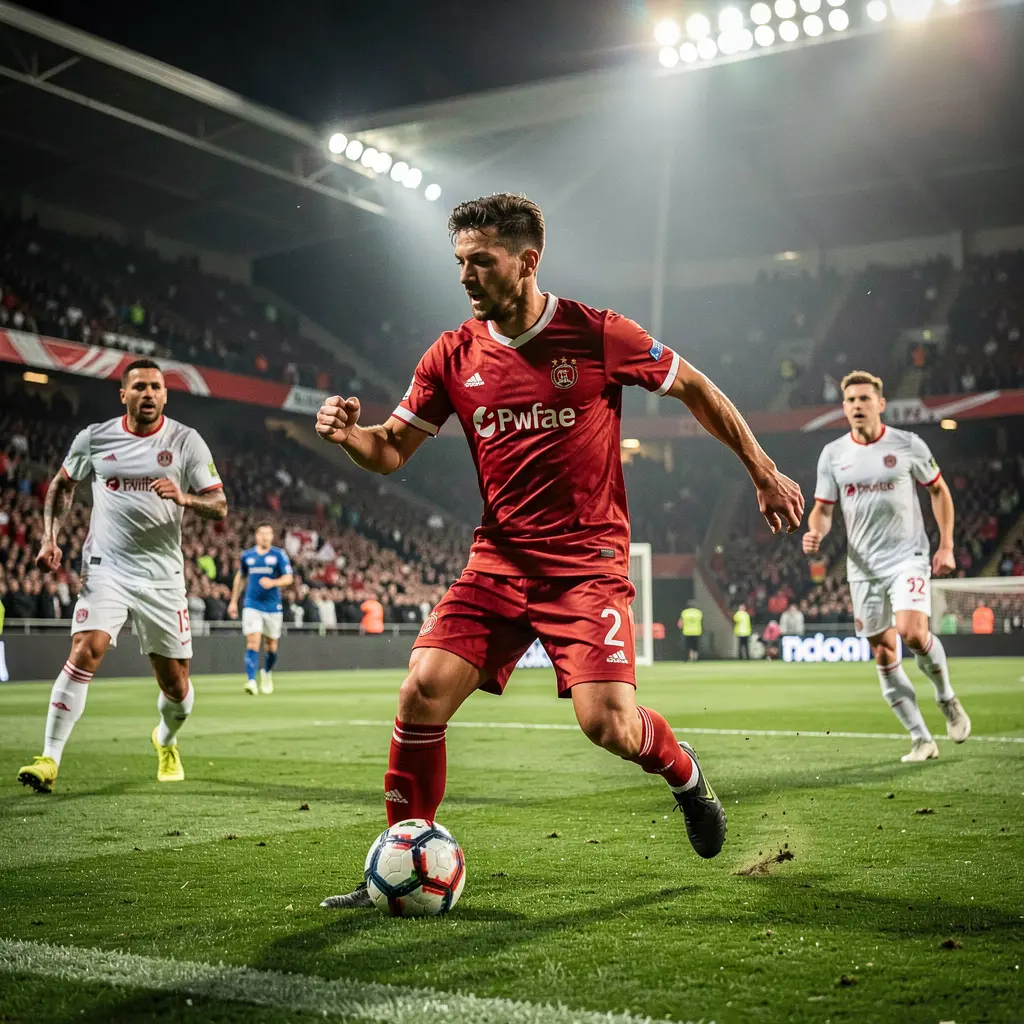 Dynamic soccer betting scene with players in motion and a packed stadium highlighting live sports betting excitement on PUSAKA567 in Malaysia
