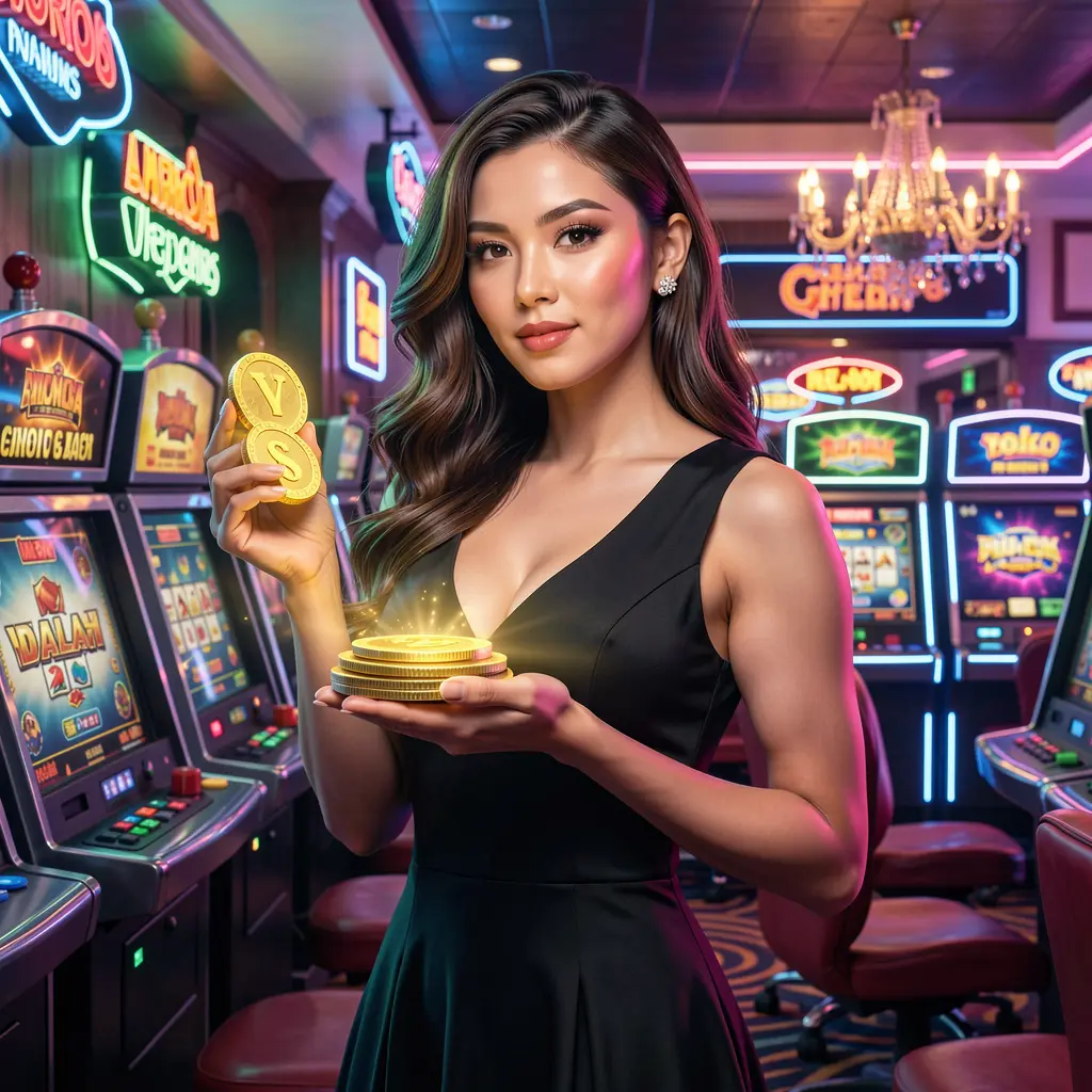 Stylish casino woman holding poker chips in a dramatic neon casino setting showcasing the premium gaming atmosphere of PUSAKA567 Malaysia