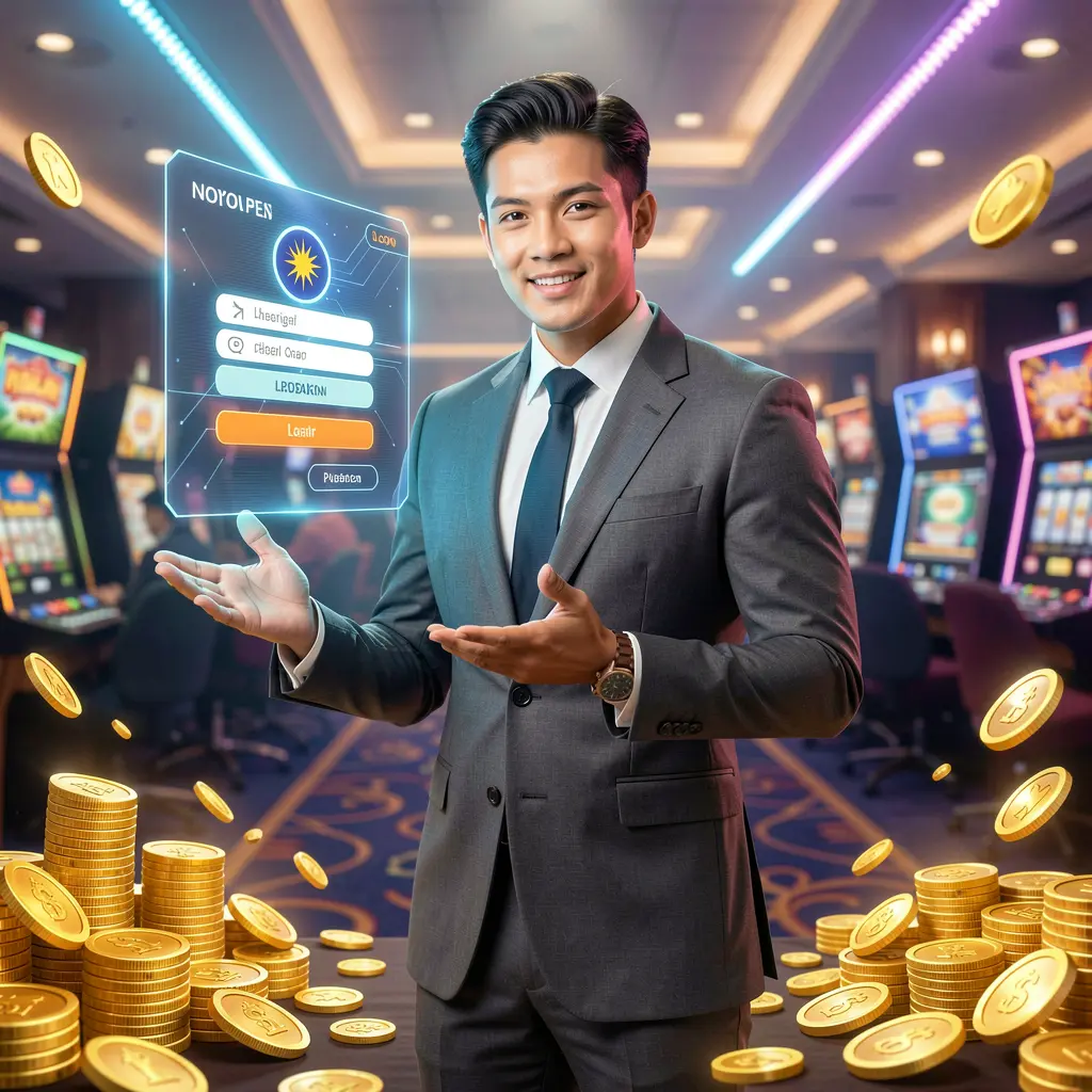 Confident PUSAKA567 dealer surrounded by golden coins with a futuristic login interface behind him highlighting advanced security for Malaysian users