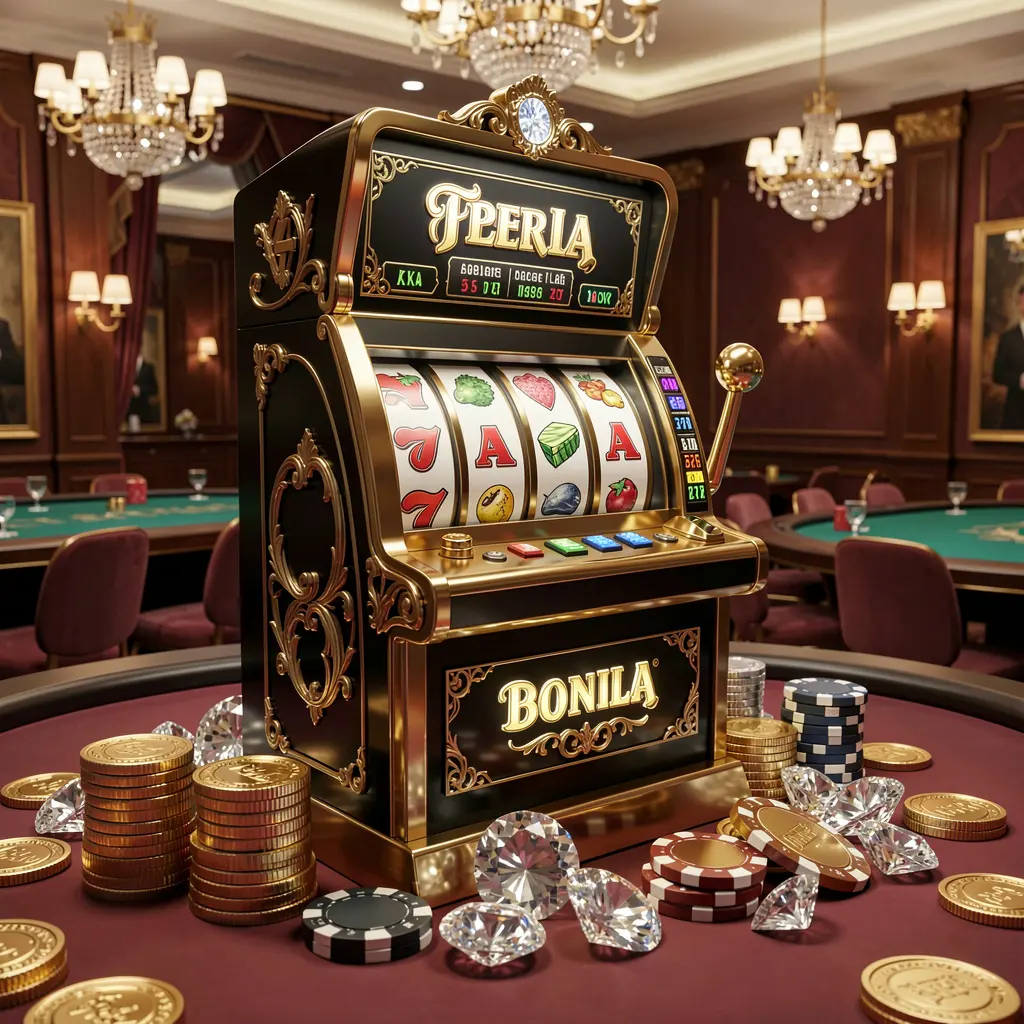 Luxurious black and gold slot machine with triple seven symbols and flying coins representing premium casino gaming at PUSAKA567 in Malaysia